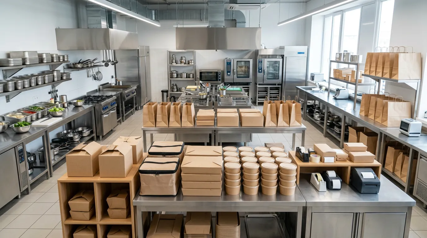 Modern food delivery kitchen setup with organized delivery boxes and containers ready for shipment, bright and clean environment, professional food service workspace